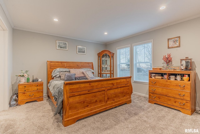 bedroom featuring light carpet, ornamental molding, and recessed lighting