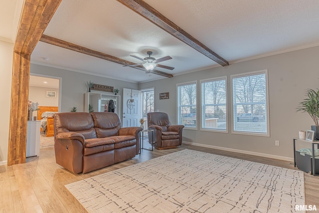 living area with light wood-style floors, crown molding, beamed ceiling, and a textured ceiling