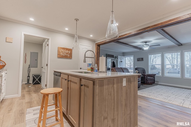 kitchen featuring an island with sink, ceiling fan, open floor plan, light wood-style floors, and a sink