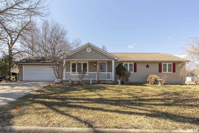 ranch-style house featuring a garage, driveway, a porch, and a front lawn