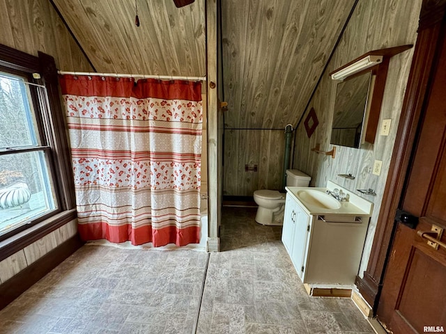 full bathroom featuring toilet, wood walls, wood ceiling, and vanity