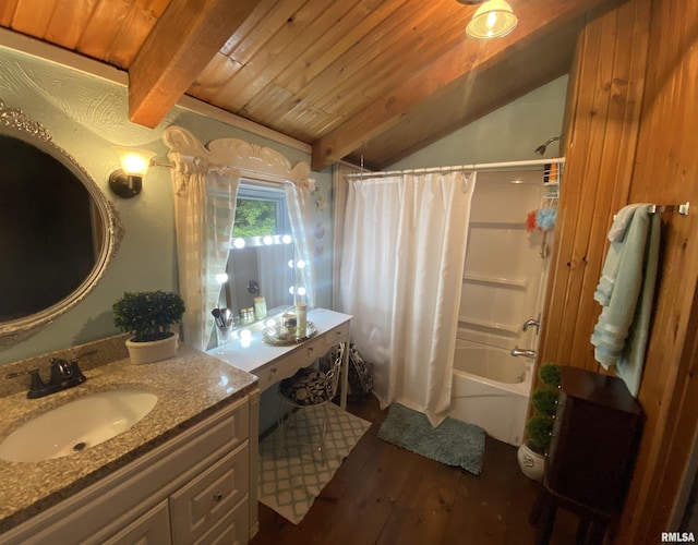 full bathroom with lofted ceiling with beams, wooden ceiling, wood finished floors, shower / bath combination with curtain, and vanity