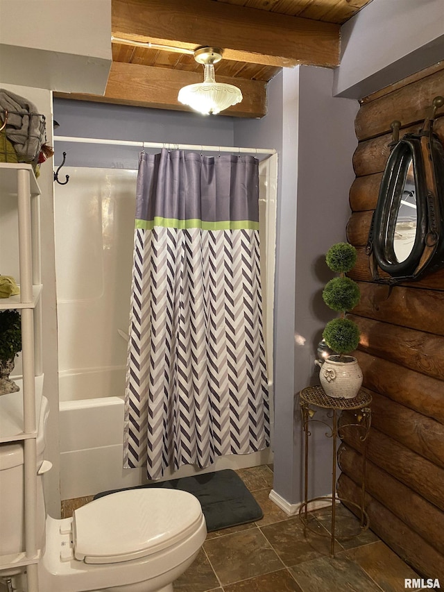 full bath with rustic walls, shower / bath combo, toilet, wood ceiling, and beam ceiling