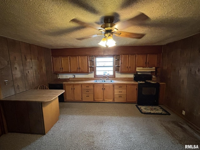 kitchen with open shelves, wood walls, a sink, black range with electric cooktop, and under cabinet range hood