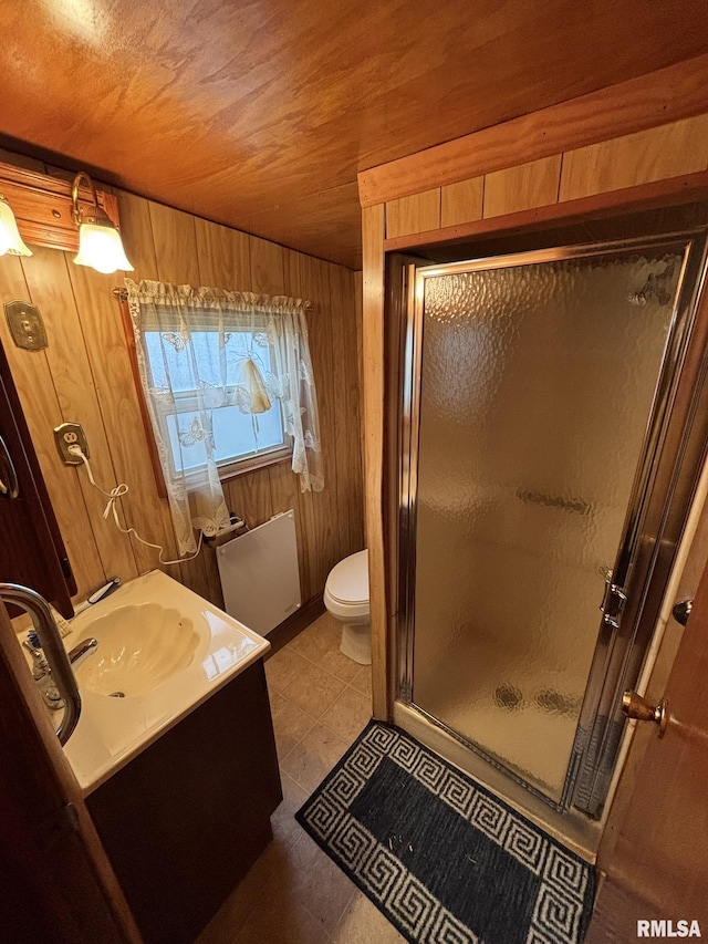 full bath with toilet, wood walls, a shower stall, and vanity