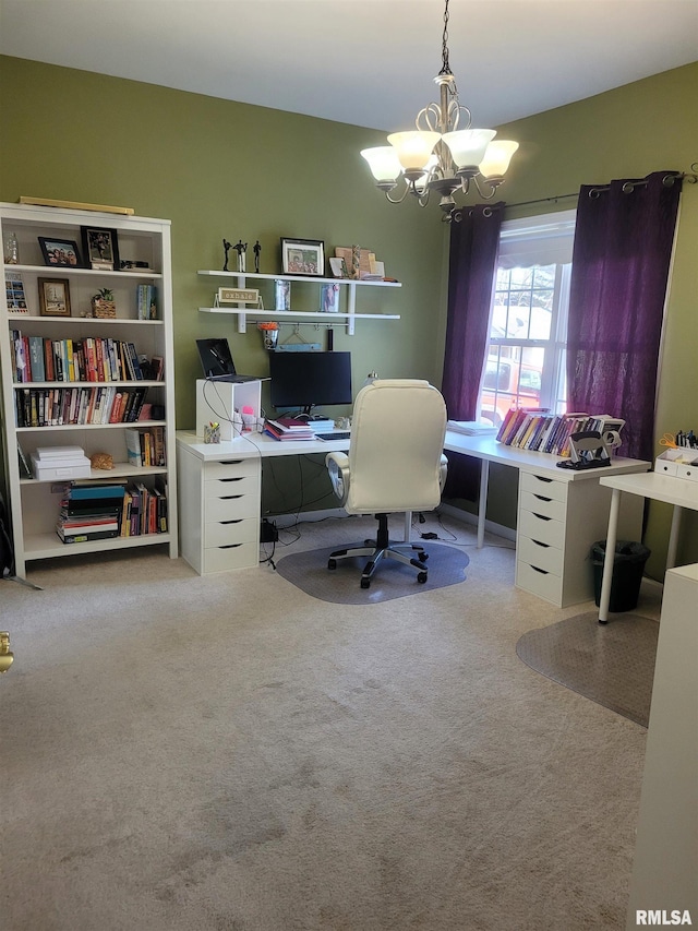 carpeted office featuring a notable chandelier