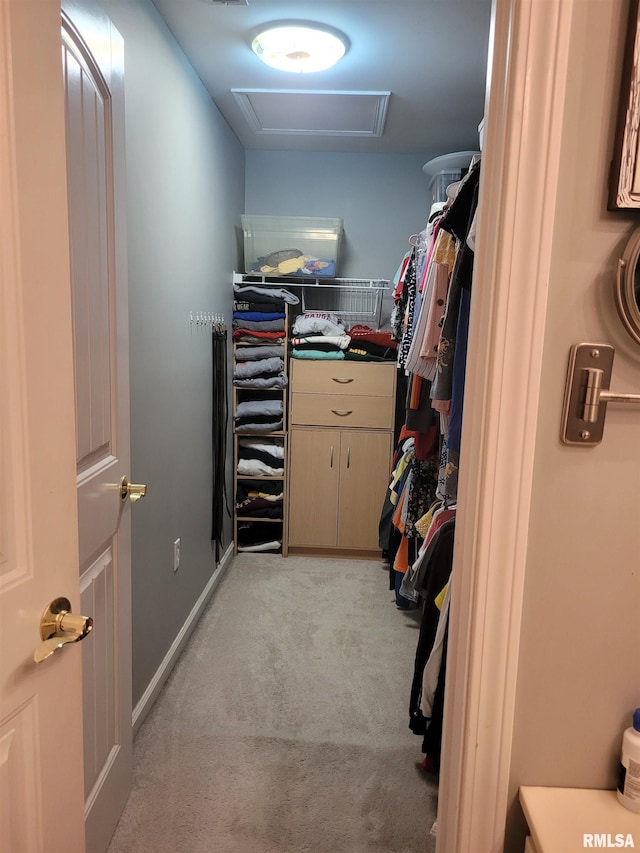 spacious closet featuring light carpet and attic access