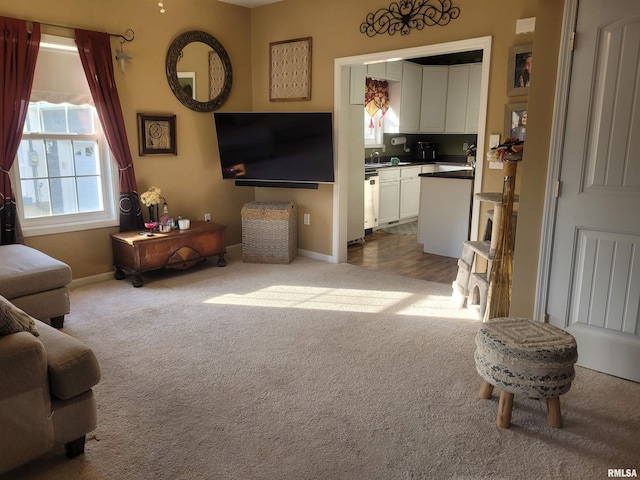 living room with carpet floors and baseboards