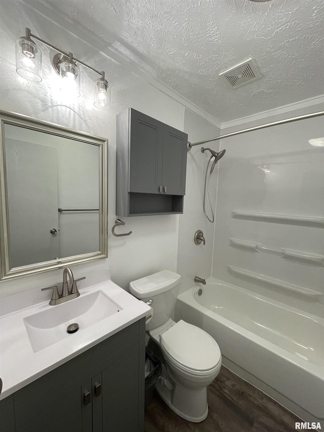 24555 Rock Springs Hollow Rd, Thebes, IL 62990 - bathroom with a textured ceiling, wood finished floors, toilet, vanity, and shower / bath combination