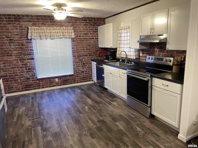 24555 Rock Springs Hollow Rd, Thebes, IL 62990 - kitchen with electric range, a sink, under cabinet range hood, dishwashing machine, and brick wall