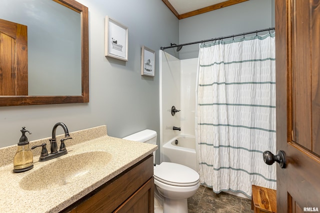 full bathroom featuring ornamental molding, vanity, toilet, and shower / tub combo with curtain