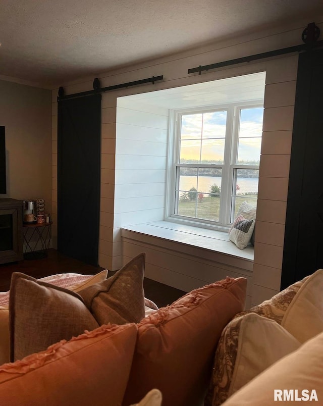 living area with a barn door and a textured ceiling