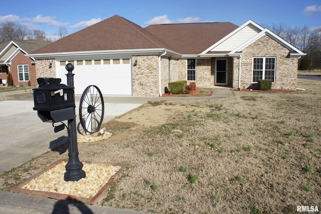 single story home featuring driveway, brick siding, an attached garage, and a shingled roof