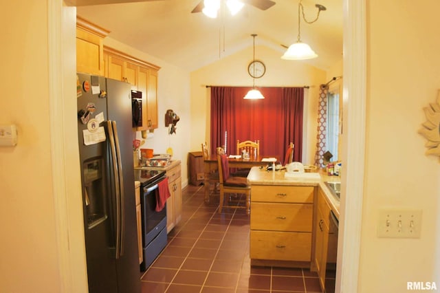 kitchen with electric range oven, dark tile patterned flooring, lofted ceiling, dishwashing machine, and stainless steel fridge with ice dispenser