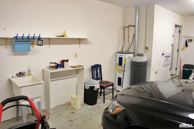 garage featuring water heater