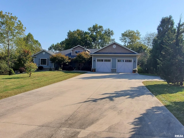 view of front facade featuring a garage, concrete driveway, a front lawn, and stone siding