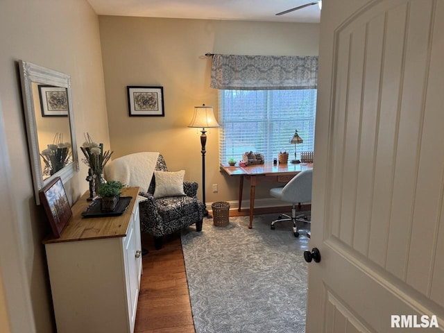 office with baseboards and wood finished floors