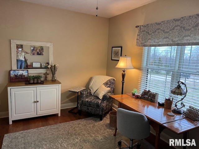 home office featuring dark wood-type flooring and baseboards