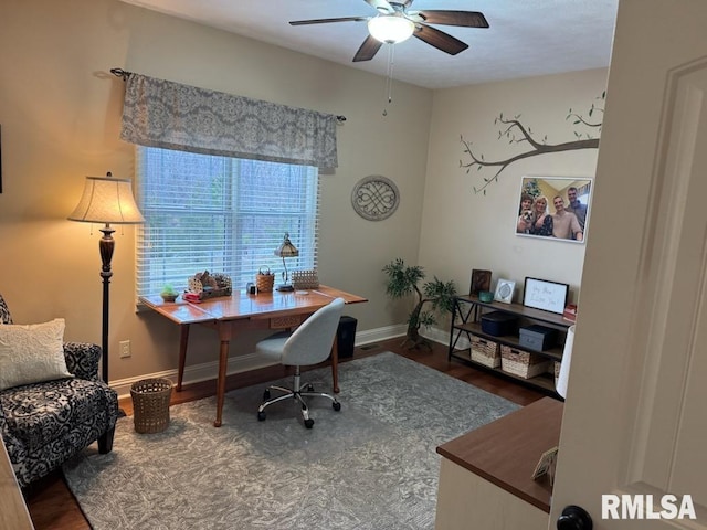 home office featuring a ceiling fan, wood finished floors, and baseboards