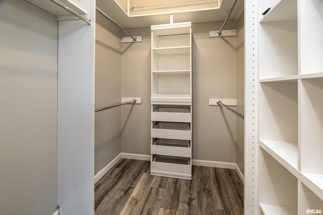 walk in closet with dark wood-style floors