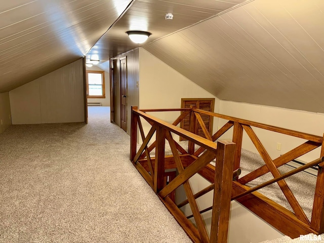 bonus room with carpet, a baseboard radiator, lofted ceiling, and wood ceiling