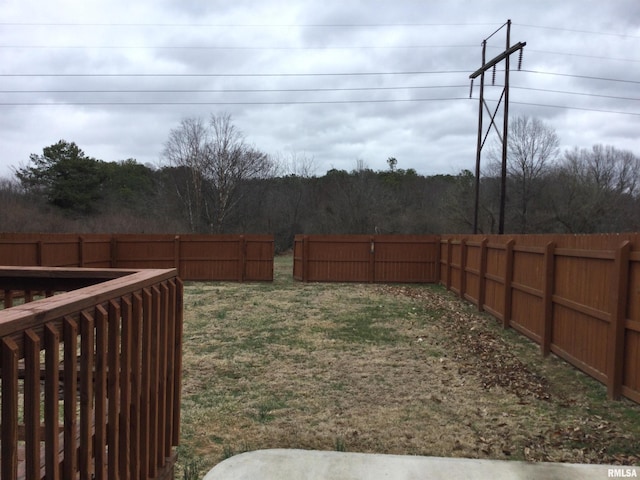 view of yard with a wooded view and a fenced backyard