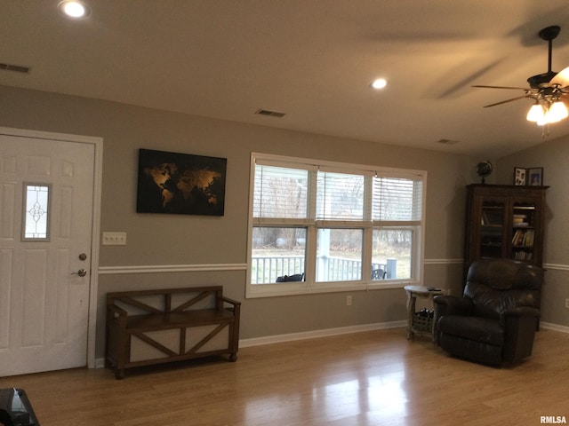 sitting room with visible vents, baseboards, ceiling fan, wood finished floors, and recessed lighting