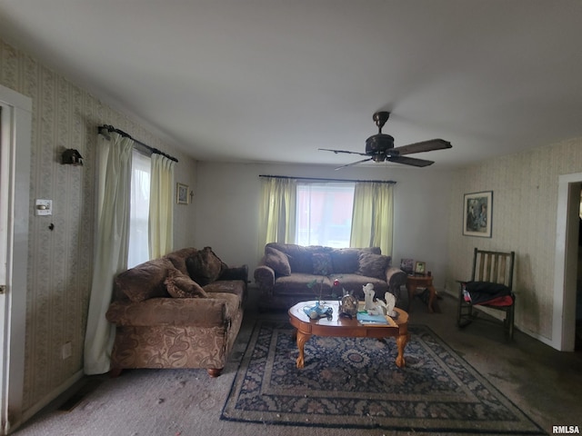 905 W Monroe St, Herrin, IL 62948 - carpeted living room featuring a ceiling fan and wallpapered walls