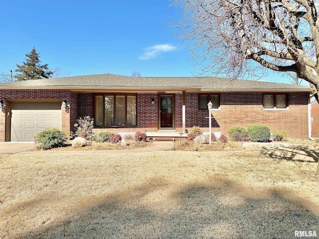 single story home with concrete driveway, brick siding, an attached garage, and roof with shingles