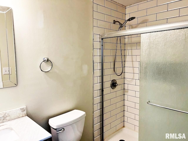 full bathroom featuring a shower stall, toilet, and vanity