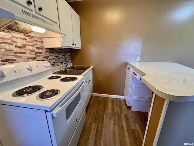 kitchen featuring tasteful backsplash, white electric stove, a peninsula, under cabinet range hood, and a sink