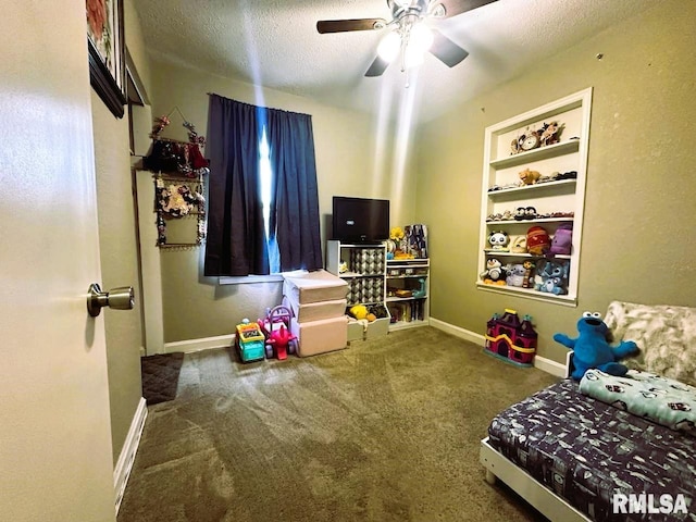 carpeted bedroom featuring a ceiling fan, a textured ceiling, and baseboards