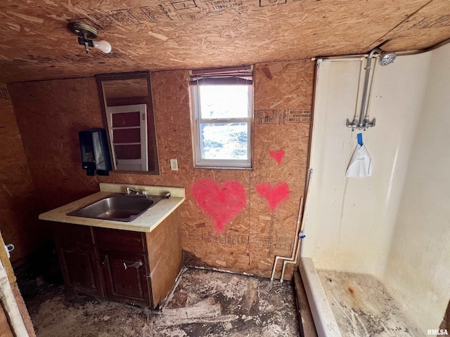 bathroom featuring a shower and vanity