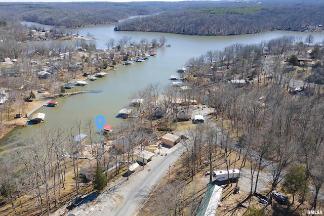 aerial view with a water view and a forest view