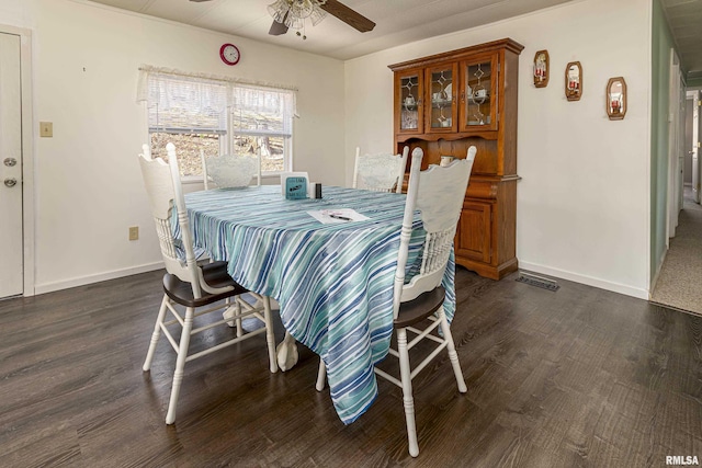 dining room with ceiling fan, baseboards, and dark wood finished floors