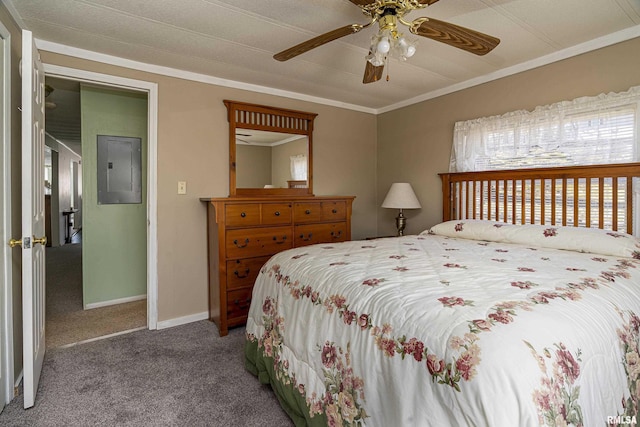 bedroom with electric panel, baseboards, a ceiling fan, crown molding, and carpet floors