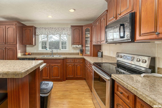 kitchen with stainless steel electric stove, light countertops, a sink, light wood-type flooring, and black microwave