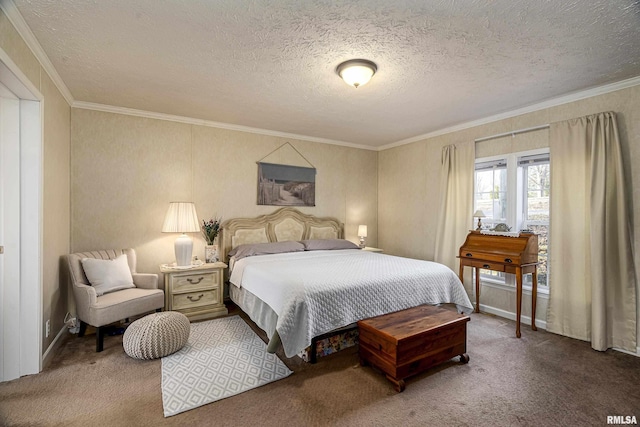 carpeted bedroom featuring a textured ceiling and crown molding