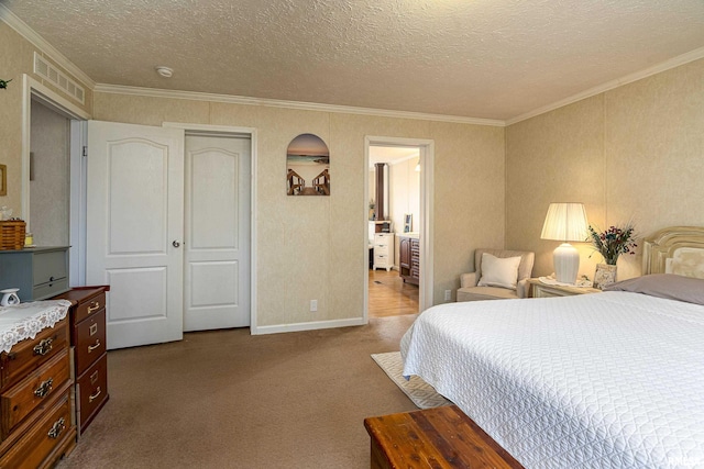 bedroom featuring ornamental molding, dark colored carpet, visible vents, and a textured ceiling