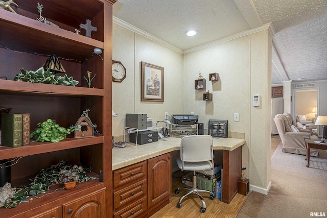 office featuring a textured ceiling, ornamental molding, visible vents, and light colored carpet