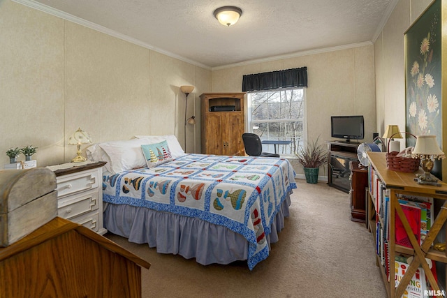 bedroom featuring carpet floors, ornamental molding, and a textured ceiling