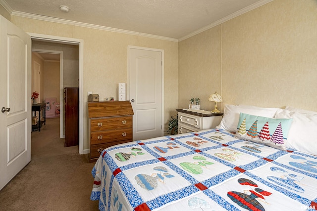 carpeted bedroom featuring a textured ceiling and ornamental molding