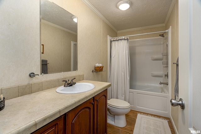 bathroom featuring shower / tub combo, toilet, wood finished floors, crown molding, and vanity