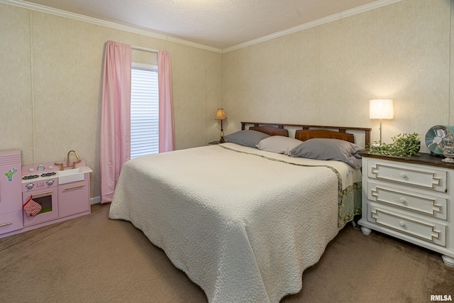 bedroom with carpet floors and ornamental molding