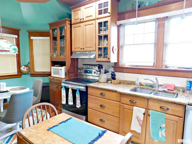 kitchen featuring under cabinet range hood, a sink, appliances with stainless steel finishes, tasteful backsplash, and pendant lighting