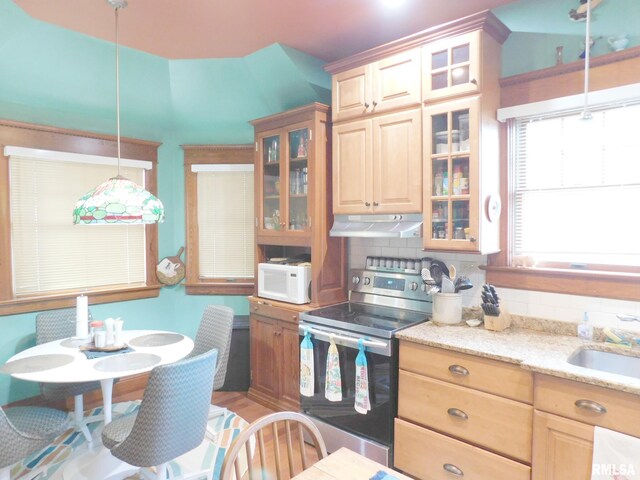 kitchen featuring white microwave, light stone counters, under cabinet range hood, backsplash, and stainless steel electric stove