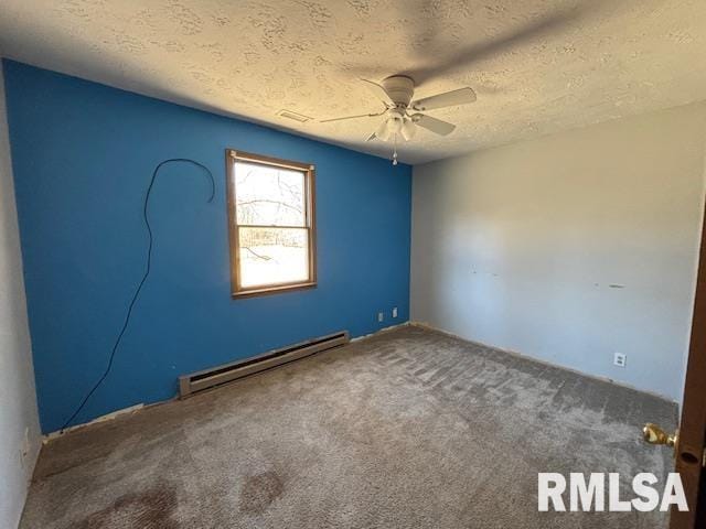 carpeted spare room featuring a baseboard radiator, a ceiling fan, and a textured ceiling