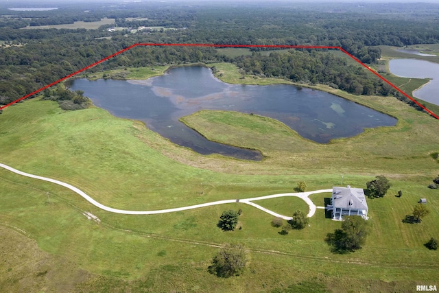 drone / aerial view featuring a water view and a view of trees