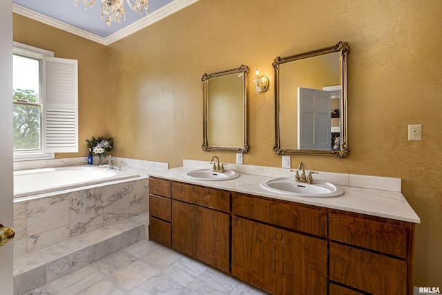 full bathroom with ornamental molding, a garden tub, a sink, and double vanity