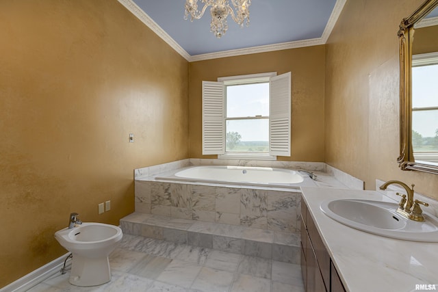 bathroom with a chandelier, a garden tub, vanity, ornamental molding, and a bidet